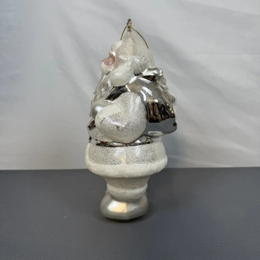 Dept 56 Spirit Santa Claus Christmas Large Ornament Glass Tree Bag Silver White‎